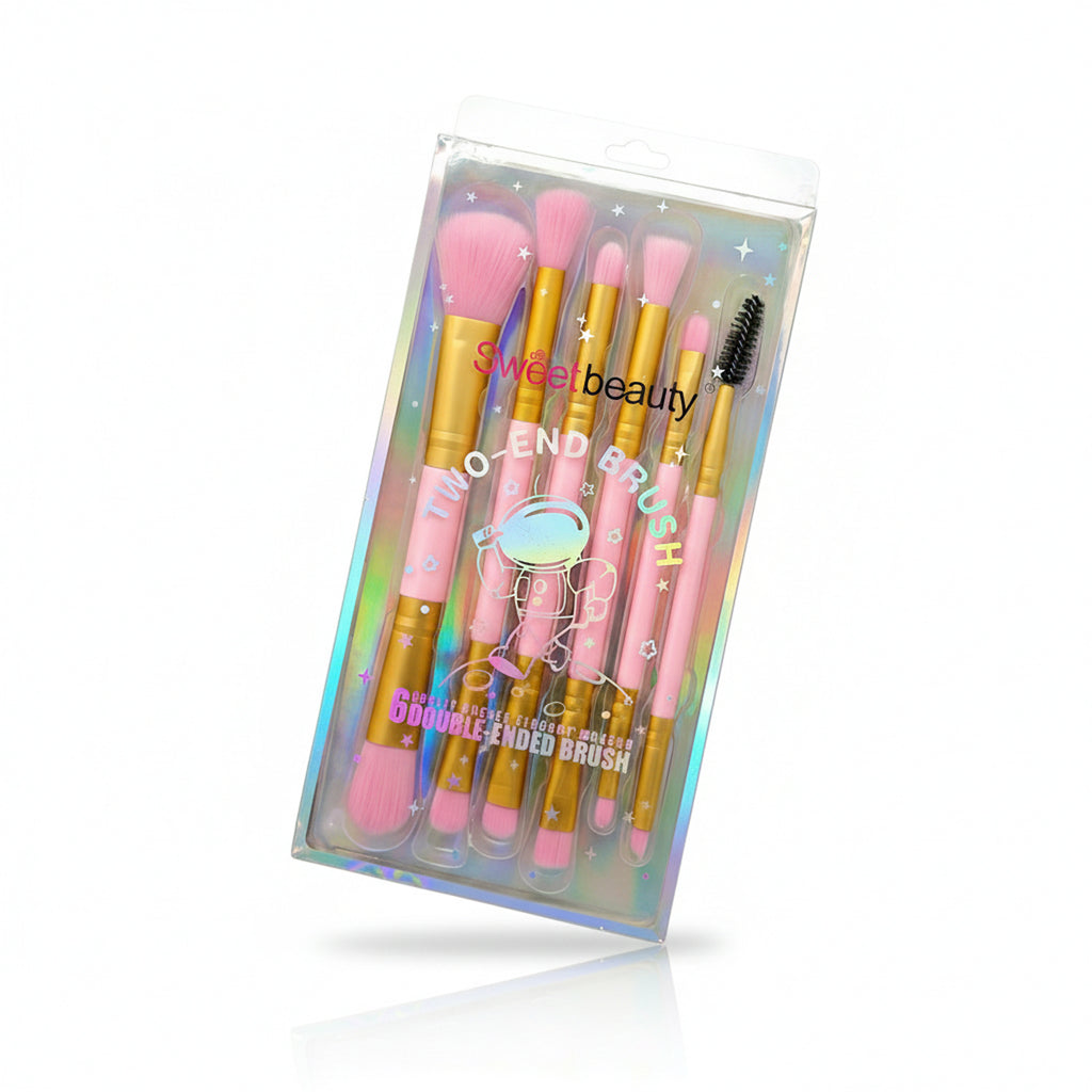 Sweet Beauty 6-Piece Two-End Makeup Brush Set – Pink & Gold Series